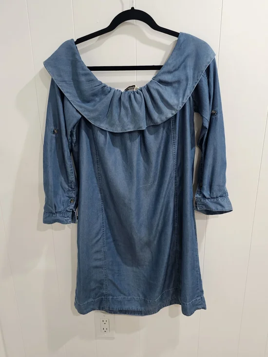 Anthropologie Chambray Ruffle Collar Shift Dress M Blue Lyocell Boho Minimalist - Picture 3 of 10